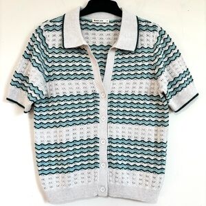 Marine Layer Retro Green Beige short sleeve Button Up Piper Knit Resort Shirt M